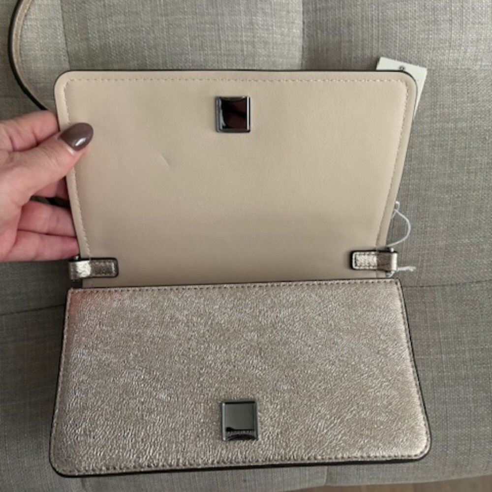 NWT Tory Burch Emerson Metallic Leather Mini Crossbody - White Gold - Picture 2 of 3